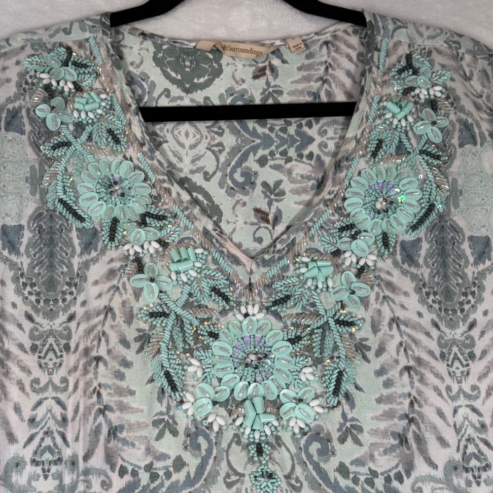 Soft Surroundings Maxi Dress Womens L Green Paisley Beaded Boho 2FV07 Resortwear - Picture 7 of 11